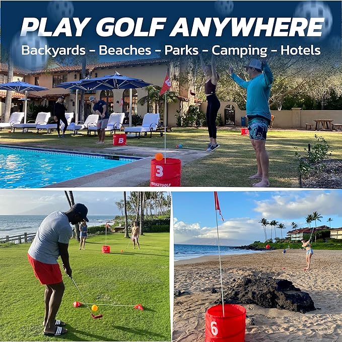 bucketgolf 9 Hole Bundle with Clubs - Outdoor Golf Game for All Ages, Adults, Kids, Family. Play Golf Anywhere, Yards, Beach, Park, Backyard. (4 Clubs (3 RH + 1 LH))