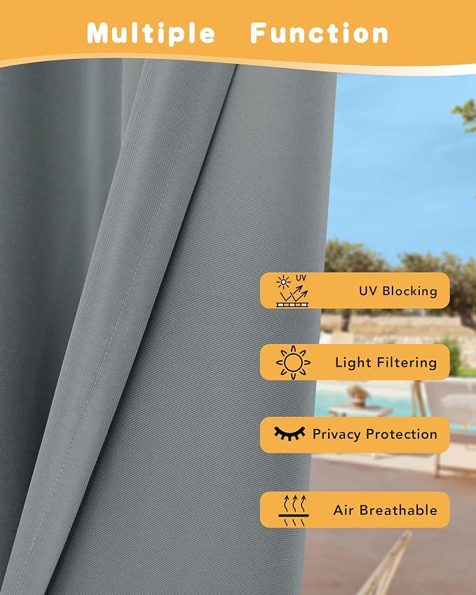 HolidayIdeas Outdoor Curtains for Patio Waterproof 4 Pcs 54x95 Inch Grey | - Image 3