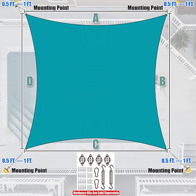 Amgo Custom Size 11' x 12' Turquoise Rectangle Square Sun Shade Sail UPF50+ - Image 8