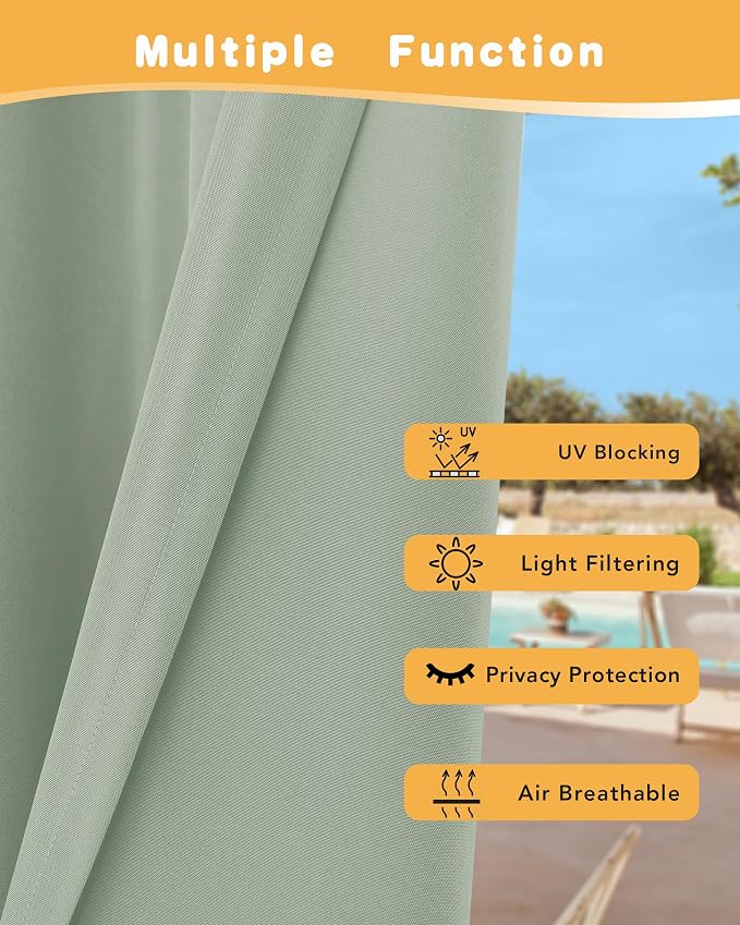 Outdoor Curtains for Patio Waterproof 4 Pcs 54x108 Inch Sage Green | Poolside - Image 3