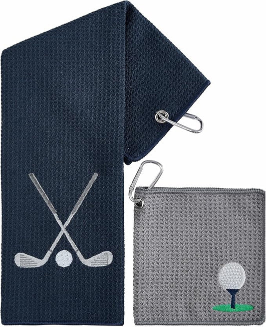 Embroidered Golf Towel Set – Custom Towels for Golf Bags & Carts – Golf Accessories & Gifts for Kids, Men, & Women – Microfiber Waffle and Ball Towels – Club Ball Design - 2-Pack