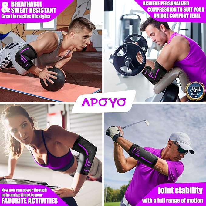 APOYO Elbow Brace for Tendonitis and Tennis Elbow, Elbow Compression Sleeve, Elbow Brace for Women and Men w/ Adjustable Strap for Tennis Elbow Relief, Weightlifting, Arthritis, Workouts, Reduce Joint Pain During Fitness Activity (Purple (Pair), Small)