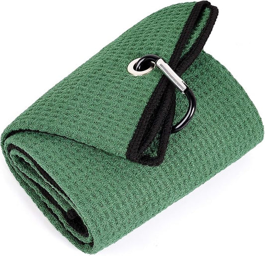 Mile High Life Tri-fold Golf Towel | Premium Microfiber Fabric | Waffle Pattern | with Heavy Duty Carabiner Clip | Golf Towel for Men and Women (GreenGolf Towel)