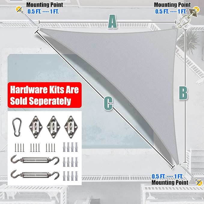 Amgo Custom Size 12' x 13' x 17.7' Gray Right Triangle Sun Shade Sail UPF50+ - Image 6