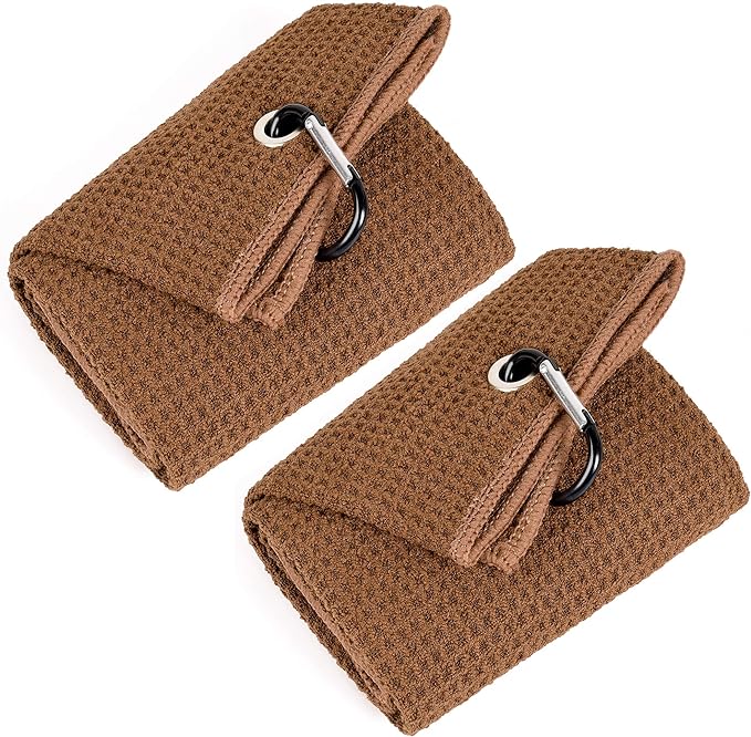 Mile High Life Tri-fold Golf Towel | 16" X 24" | Premium Microfiber Fabric | Waffle Pattern | with Heavy Duty Carabiner Clip | for Men and Women (2 Pack Brown)
