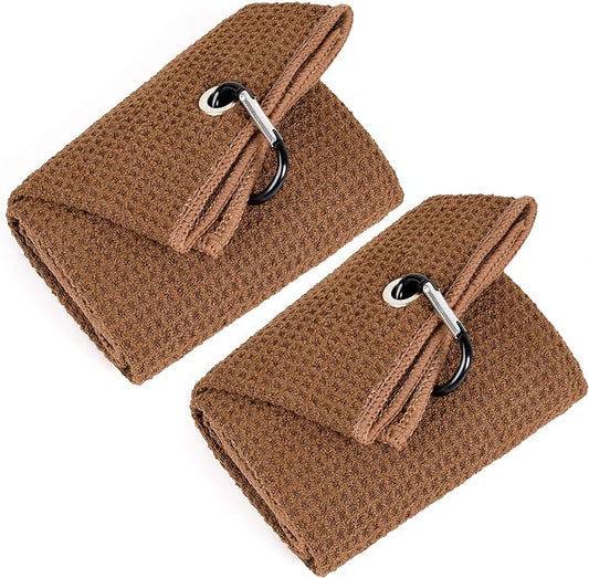 Mile High Life Tri-fold Golf Towel | 16" X 24" | Premium Microfiber Fabric | Waffle Pattern | with Heavy Duty Carabiner Clip | for Men and Women (2 Pack Brown)