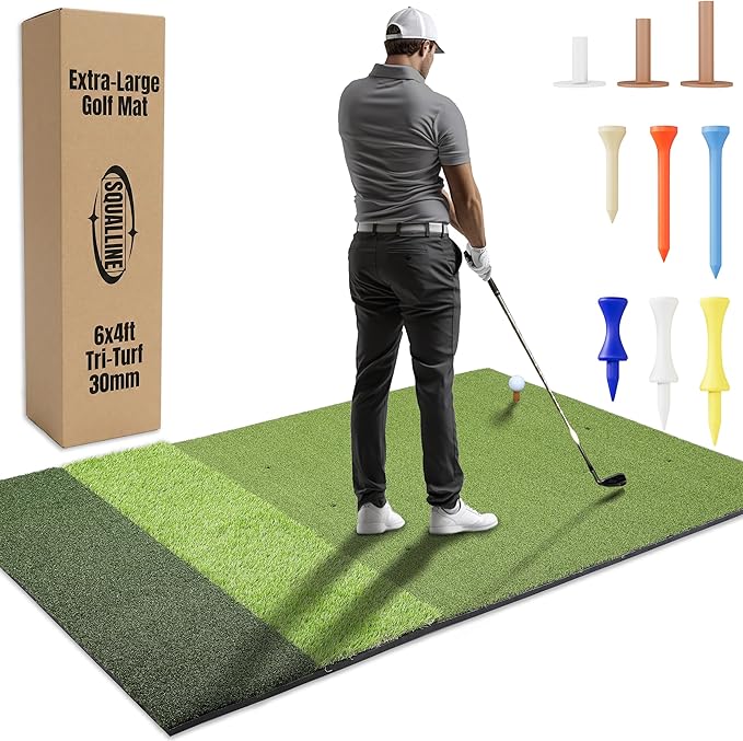6x4ft Extra Large Tri-Turf & 5x4ft Ultra Thick 20mm Base Premium Golf Mat | Golf Mats Practice Outdoor, Indoor, or with Simulator/Net | Durable Turf Golf Hitting Mat with Tees