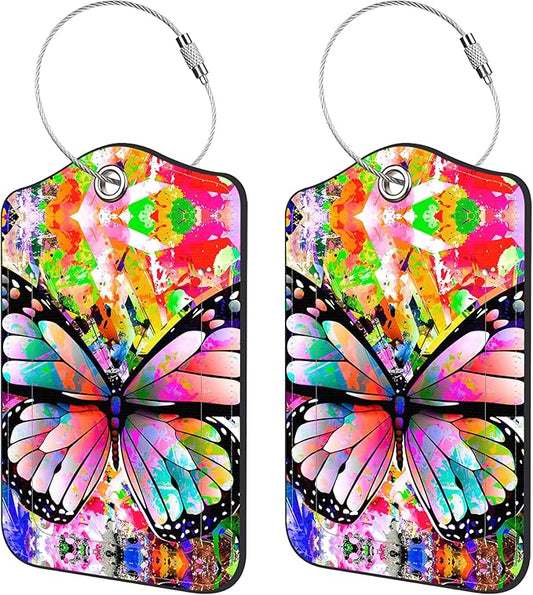 2 Pack Luggage Tags for Suitcase,Abstract Butterfly PU Leather Luggage Tags with Privacy Cover Name Address Labels and Steel Ring,Creative Travel Accessories for Men and Women