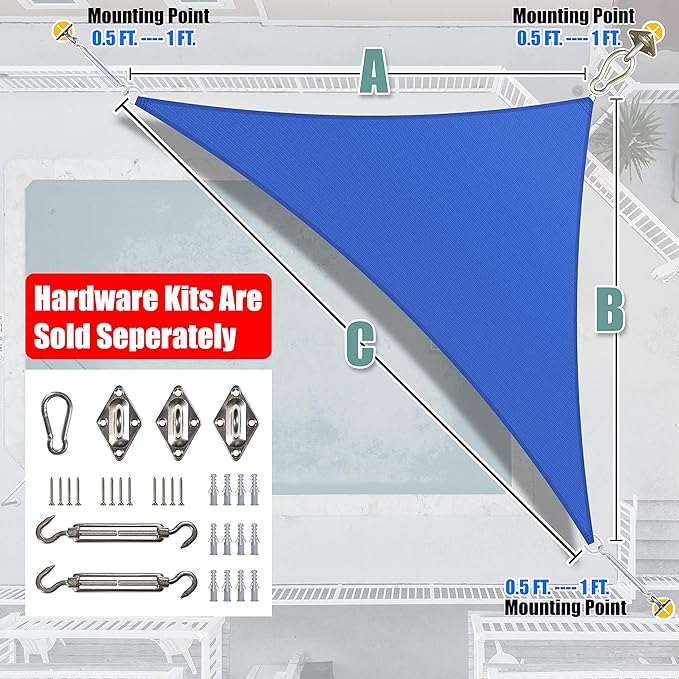 Amgo Custom Size 11' x 19' x 22' Blue Right Triangle Sun Shade Sail UPF50+ - Image 6