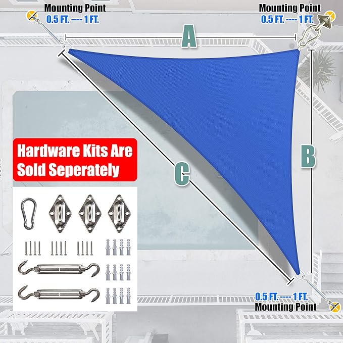 Amgo Custom Size 12' x 17' x 20.8' Blue Right Triangle Sun Shade Sail UPF50+ - Image 6