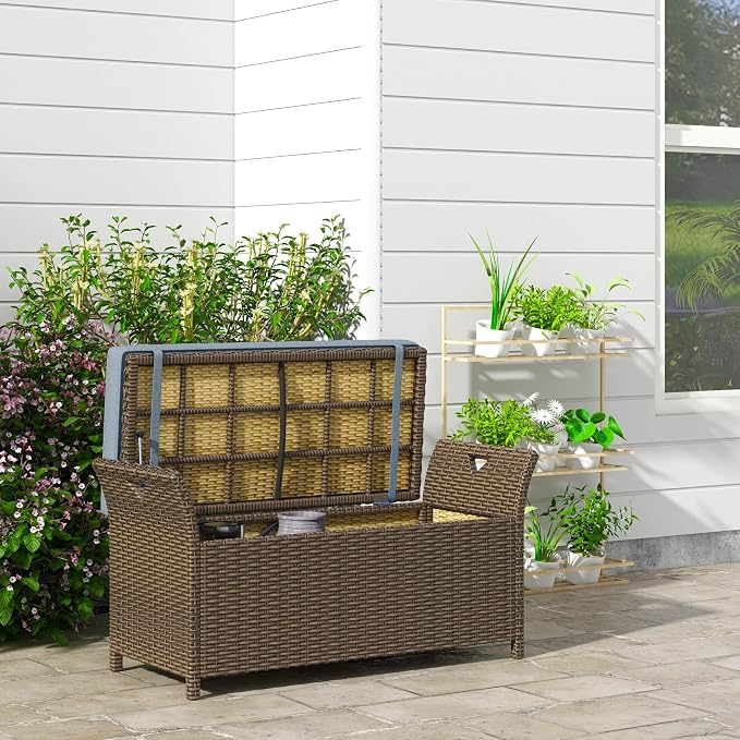 Outsunny 29 Gallon Patio Wicker Storage Bench Outdoor PE Rattan Dark Blue | - Image 2