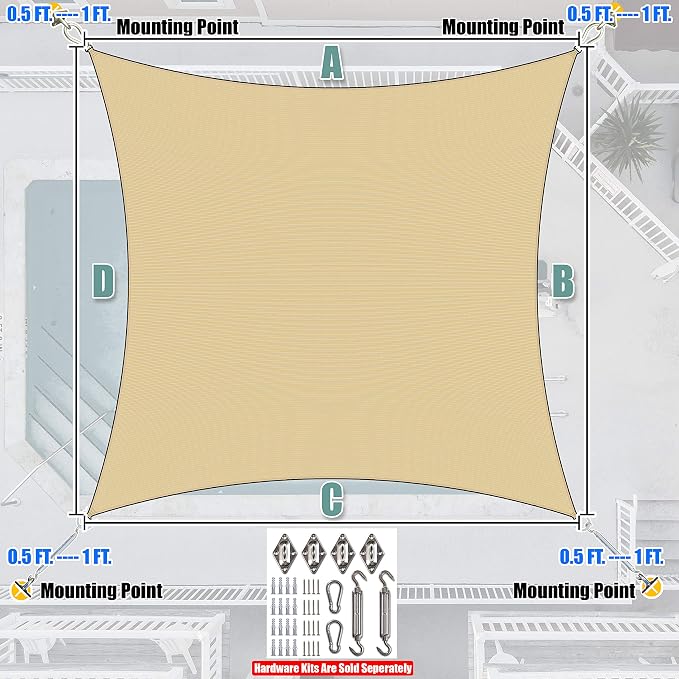 Amgo Custom Size 12' x 13' Beige Rectangle Square Sun Shade Sail UPF50+ - Image 7