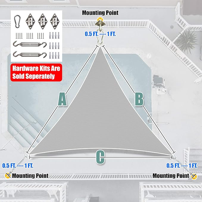 Amgo Custom Size 16' x 16' x 16' Gray Triangle Sun Shade Sail UPF50+ AGTAPT12 - Image 6