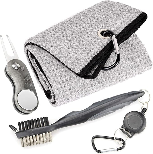 Mile High Life Microfiber Waffle Pattern Golf Towel | Club Groove Cleaner Brush | Foldable Divot Tool with Magnetic Ball Marker (Gray Towel/Brush/Curve Divot)