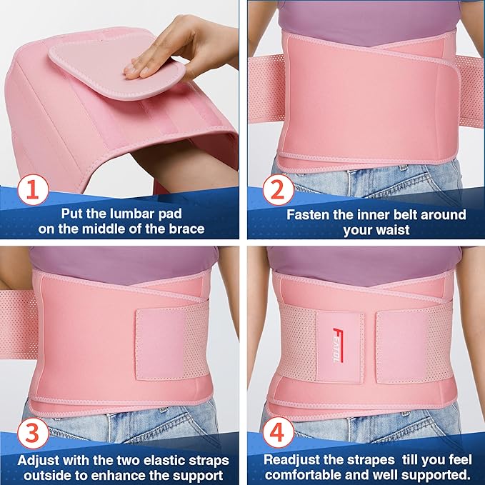 FEATOL Back Brace for Lower Back Pain, Breathable Back Support Belt for Women & Men with Lumbar Pad, Lumbar Support Belt for Heavy Lifting & Work, Pink, 3XL (Circumference:54-63")