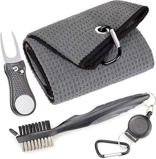 Mile High Life Microfiber Waffle Pattern Golf Towel | Club Groove Cleaner Brush | Foldable Divot Tool with Magnetic Ball Marker (Dark Gray Towel/Brush/Bone Divot)