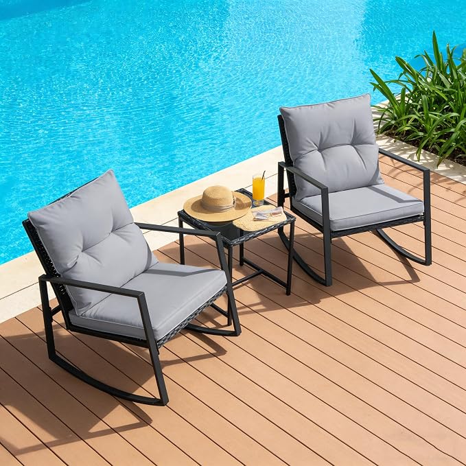 SUNCROWN 3 Piece Outdoor Rocking Bistro Set Black Wicker Furniture Porch Chairs - Image 3
