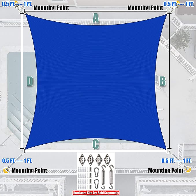 Amgo Custom Size 11' x 19' Blue Rectangle Square Sun Shade Sail UPF50+ - Image 7