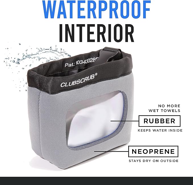 Club Scrub Golf Club and Golf Ball Cleaning Bag, Waterproof Clean Face Technology Liner, Detachable Clip, Machine Washable, Cleans Club Grooves, Dry Exterior (Neoprene or Microfiber Option Available)
