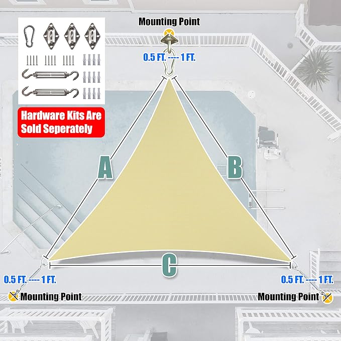Amgo 24' x 24' x 24' Beige Triangle Sun Shade Sail Outdoor Canopy Awning UPF50+ - Image 6