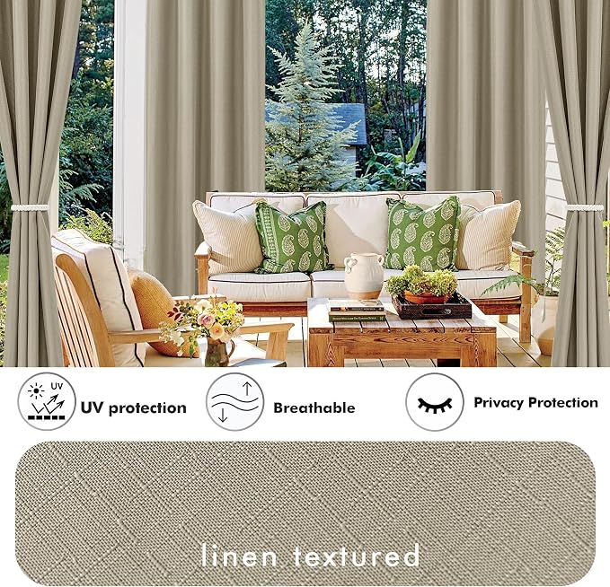 Linen Outdoor Curtains for Patio Waterproof 4 Pcs 110x84 In Taupe | Light - Image 3
