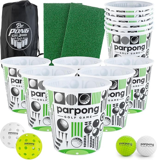 Par Pong Backyard Golf Chipping Game – Outdoor Golf Game with 12 Buckets, 2 Hitting Mats & Golf Balls – for Adults, Tailgating, BBQ, Parties & Gifts for Golfers.