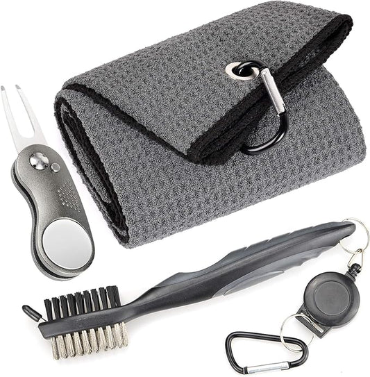 Mile High Life Microfiber Waffle Pattern Golf Towel | Club Groove Cleaner Brush | Foldable Divot Tool with Magnetic Ball Marker (Dark Gray Towel/Brush/Curve Divot)