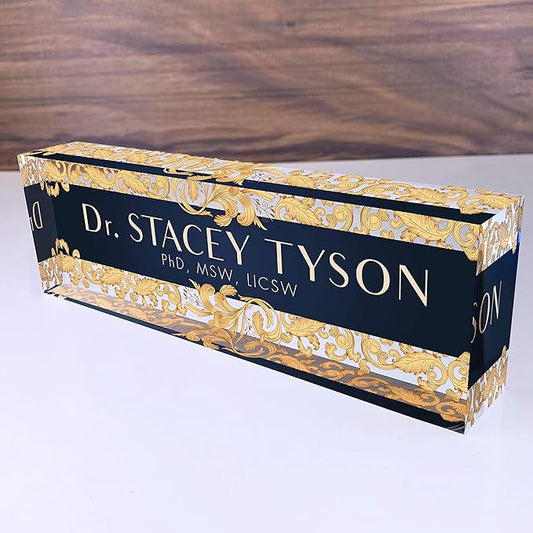 Artblox Office Desk Name Plate Personalized | Custom Name Plates For Desks | Leaf Gold Design On Clear Acrylic Glass | Cute Office Desk Accessories Customized Gifts - (8" x 2.5")