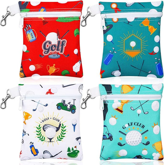 Silkfly 4 Pcs Golf Tee Bag 5.62 x 6.87 Inch Zipper Pouch Tee Holder Pouch with Metal Lobster Claw Clip Gifts Accessories for Men Women Golf Lover Player, 4 Styles(Stylish)