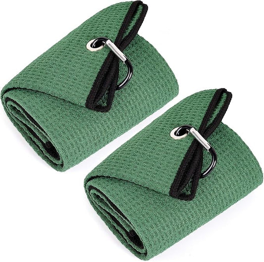 Mile High Life Tri-fold Golf Towel | 16" X 24" | Premium Microfiber Fabric | Waffle Pattern | with Heavy Duty Carabiner Clip | for Men and Women (2 Pack Green)
