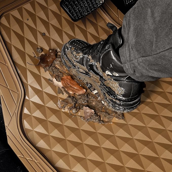 CAR PASS Heavy Duty Rubber Car Mats, Deep Dish All-Weather Floor Mat for Car Full Set Durable Anti-Slip 3D Rhombus Waterproof Trim to Fit Liner Universal Fit Automotive,Sedan,SUV,Truck, 3 Piece Beige