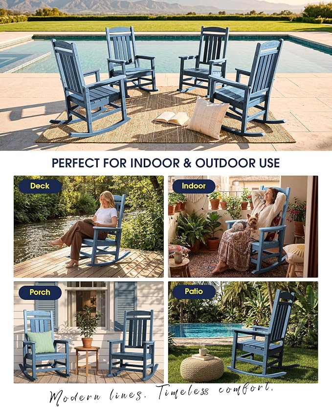 Oversized Outdoor Rocking Chairs Set of 2, Porch Rocker Unique Blue | - Image 7
