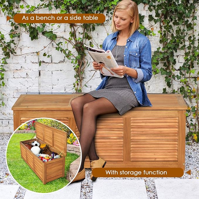Tangkula 46 Gallon Acacia Wood Deck Box, Garden Backyard Storage Bench - Image 6