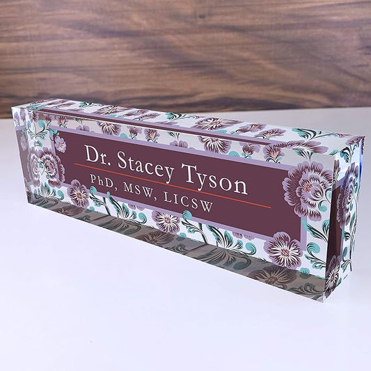Artblox Personalized Name Plate for Desk | Vintage Design On Clear Acrylic Glass | Custom Plaque Desk Name Plate Personalized Your Name and Credentials Office Office Sign Engraved Plaque
