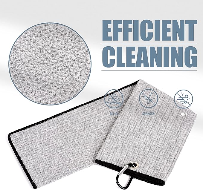 Mile High Life Tri-fold Golf Towel | 16" X 24" | Premium Microfiber Fabric | Waffle Pattern | with Heavy Duty Carabiner Clip | for Men and Women (Gray)
