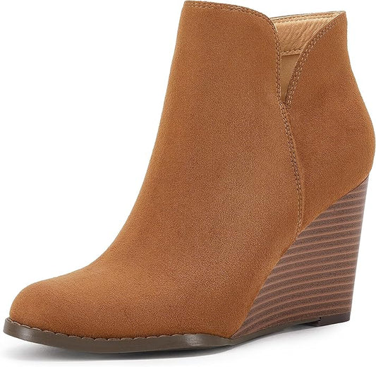 LAICIGO Womens V Cut Wedge Ankle Booties Zip-up Closed Toe Stacked Heel Faux Suede Winter Boots