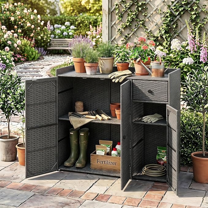 Tangkula Rattan Outdoor Storage Cabinet, Patiojoy Outdoor Cabinet - Image 2