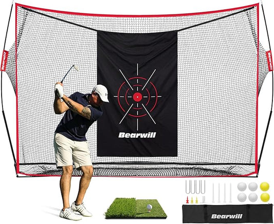 Bearwill Golf Net, 10x7ft Heavy Duty Golf Practice Nets with Mat, Target Cloth, 8 Tees, 6 Balls, Carry Bag for Backyard Driving Chipping Indoor Outdoor Training