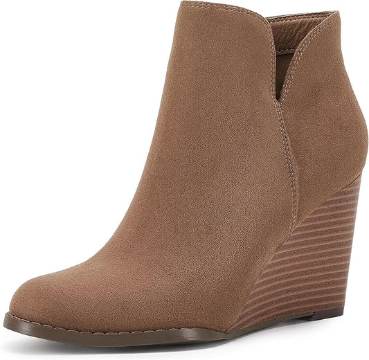 LAICIGO Womens V Cut Wedge Ankle Booties Zip-up Closed Toe Stacked Heel Faux Suede Winter Boots