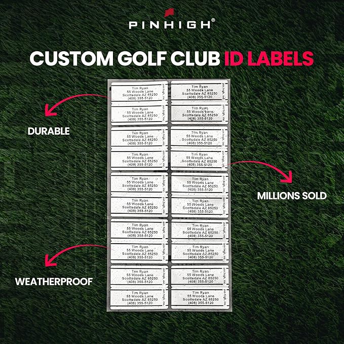PIN HIGH 20 Personalized Golf Club ID Labels | Weatherproof, Fade Resistant, Laminated Thermal Transfer Labels, Made in The USA, (Free Customization & Shipping), Black