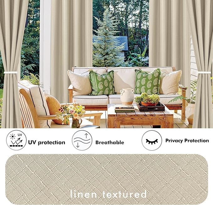 Linen Outdoor Curtains for Patio Waterproof 4 Pcs 54x120 In Cream | Light - Image 3