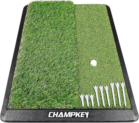 CHAMPKEY Dual-Turf Golf Hitting Mat | Come with 9 Golf Tees & 1 Rubber Tee | Heavy Duty Rubber Backing Golf Practice Mat Ideal for Indoor & Outdoor Training